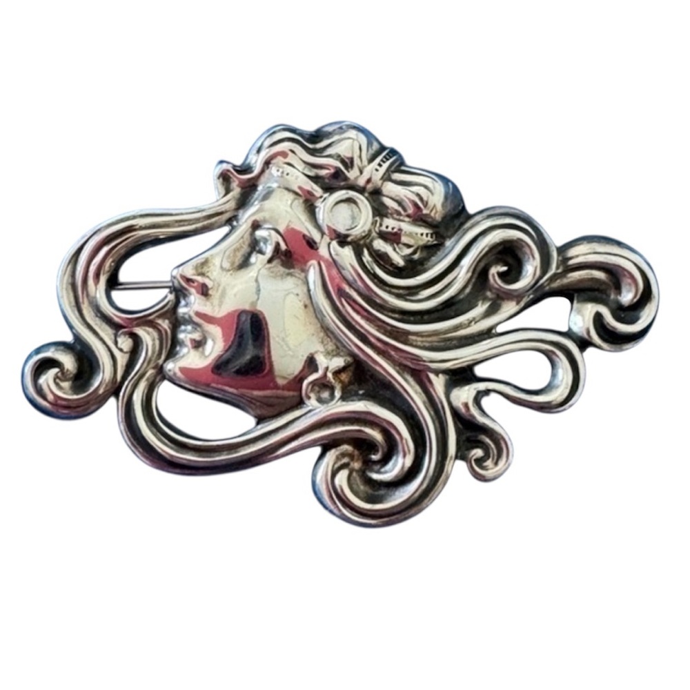 Vintage 925 Sterling Silver Metal Art Deco Womans Face Profile Pin Brooch